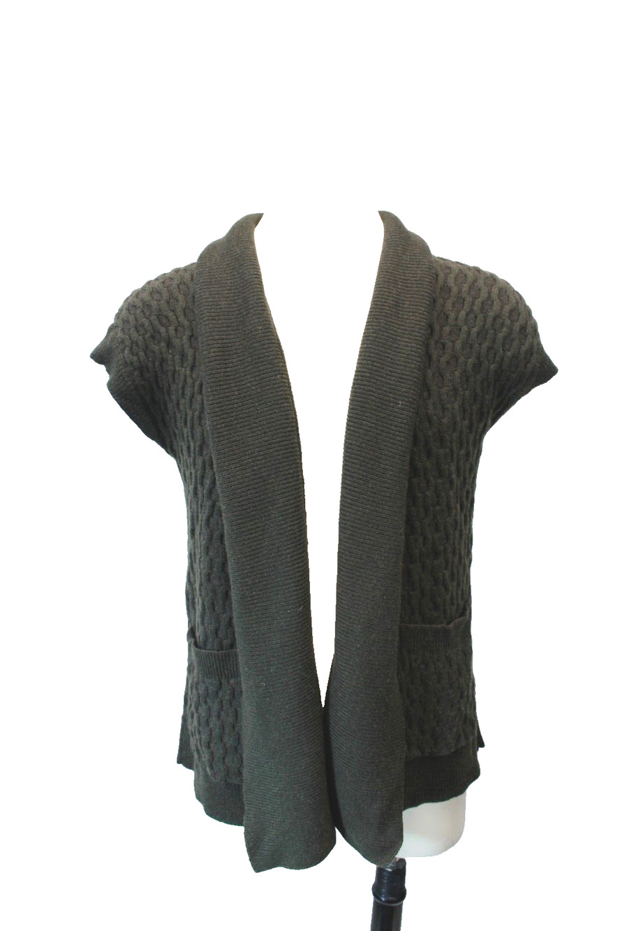 Lafayette 148 Green Wool Blend Cable Knit Sleeveless Cardigan Sweater Medium